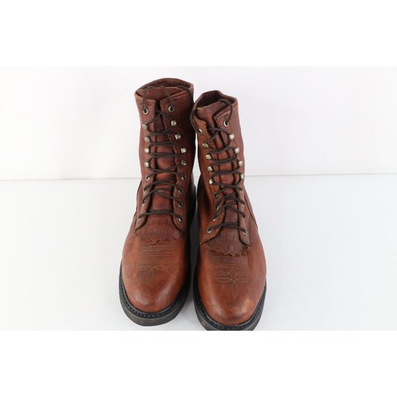 Vintage 90s Streetwear Mens 10 EE Tribal Fringed Leather Tall Logger Boots Brown main image 5